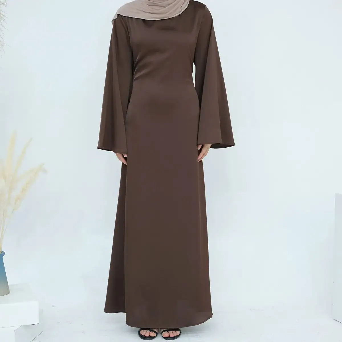 Adjustable Belt Satin Abaya Dress