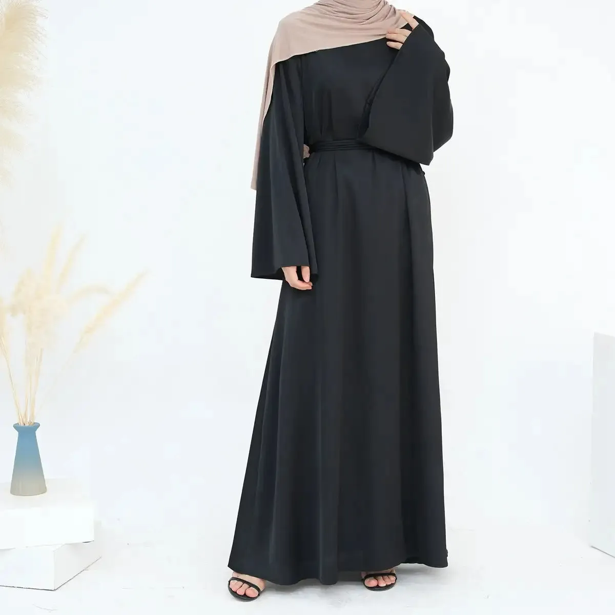 Adjustable Belt Satin Abaya Dress