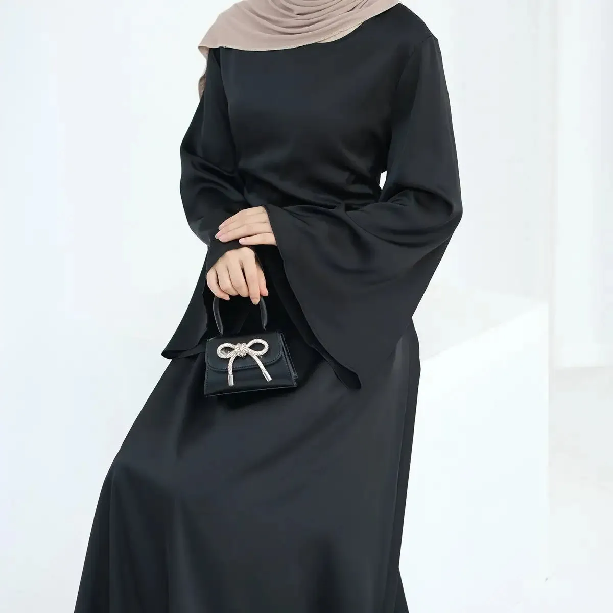 Adjustable Belt Satin Abaya Dress