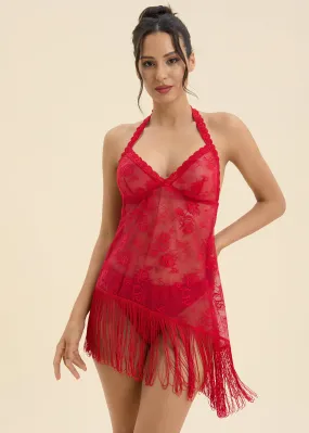 AMANDA Sexy Halter Top Lace Tassel Red Nightgown