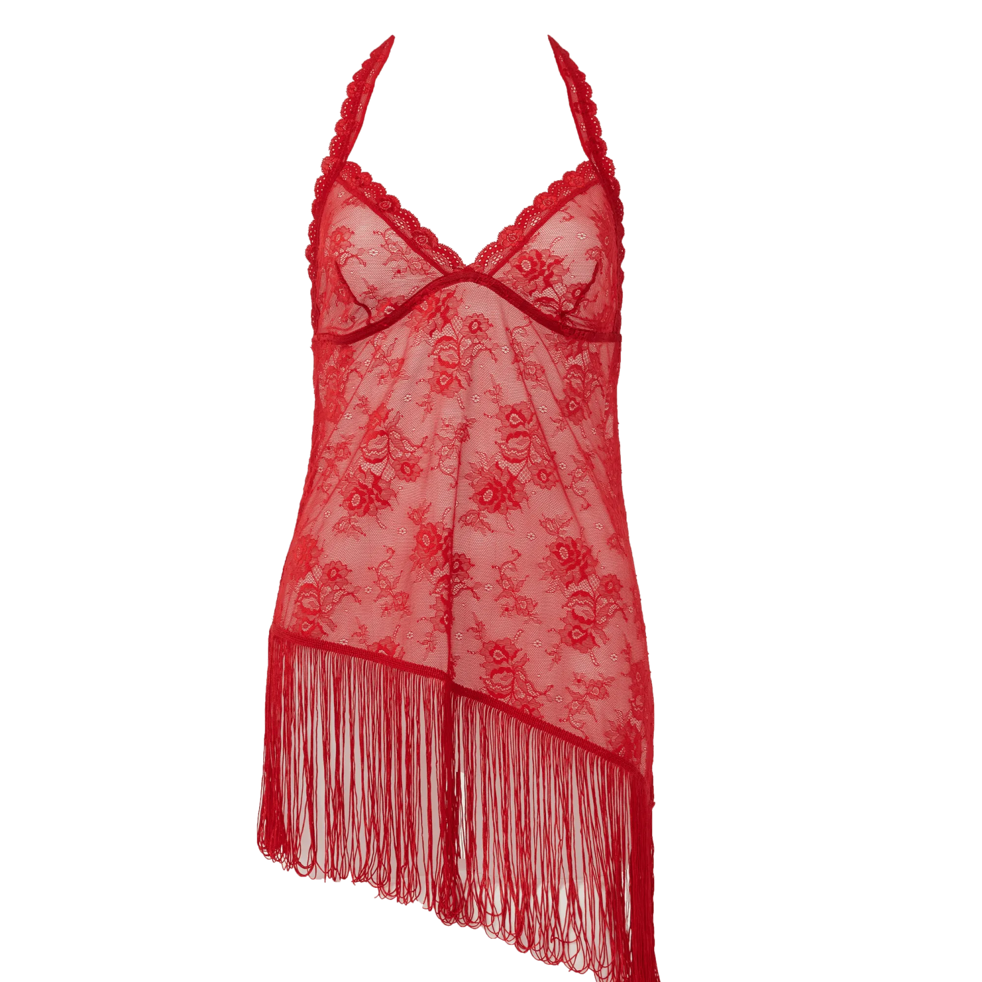 AMANDA Sexy Halter Top Lace Tassel Red Nightgown