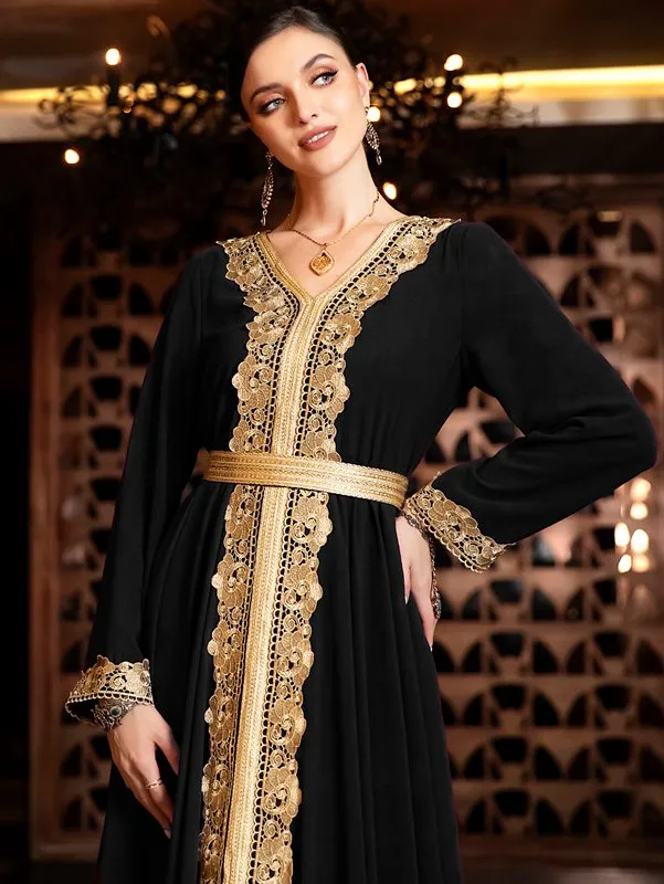 Arab Double Layers Chiffon Lace Embroidered Women Caftan Kaftan Dress