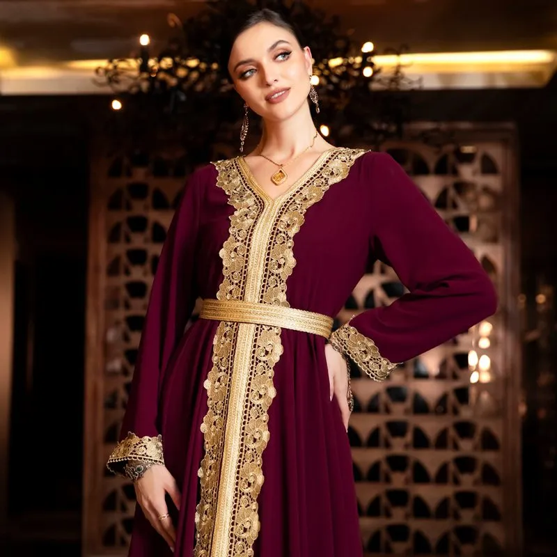 Arab Double Layers Chiffon Lace Embroidered Women Caftan Kaftan Dress