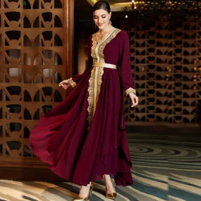 Arab Double Layers Chiffon Lace Embroidered Women Caftan Kaftan Dress