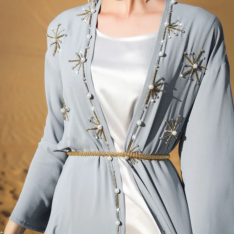 Arab Hand-stitched Rhinestone Open Cardigan Abaya Dress