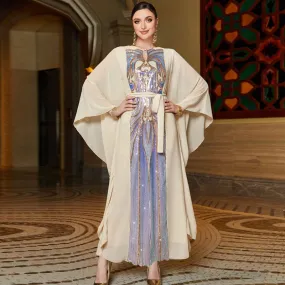 Arab Middle East Flutter Sleeve Butterfly Printed Caftan Kaftan Dress