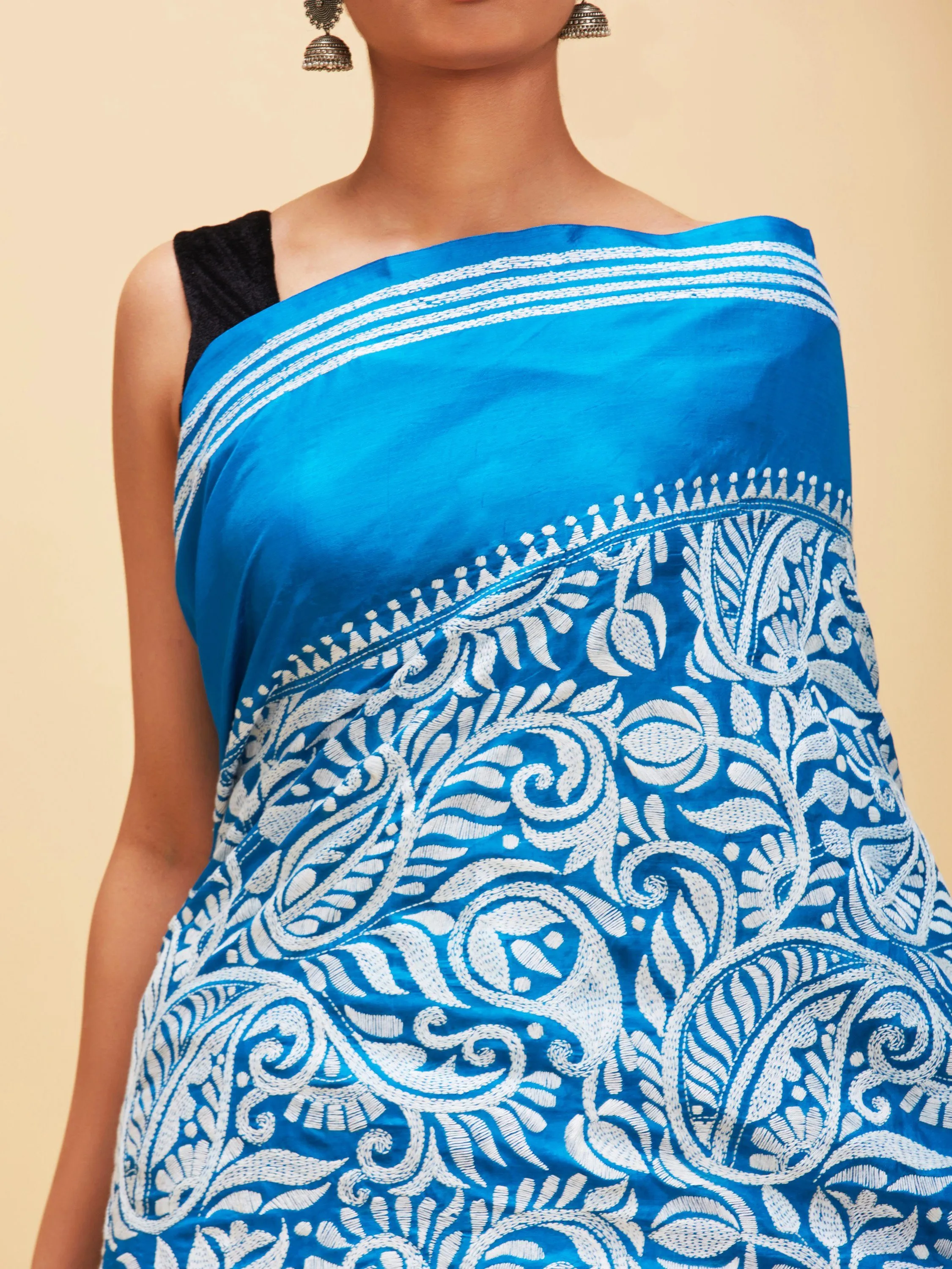 Azure Blue Kantha Stitch Saree