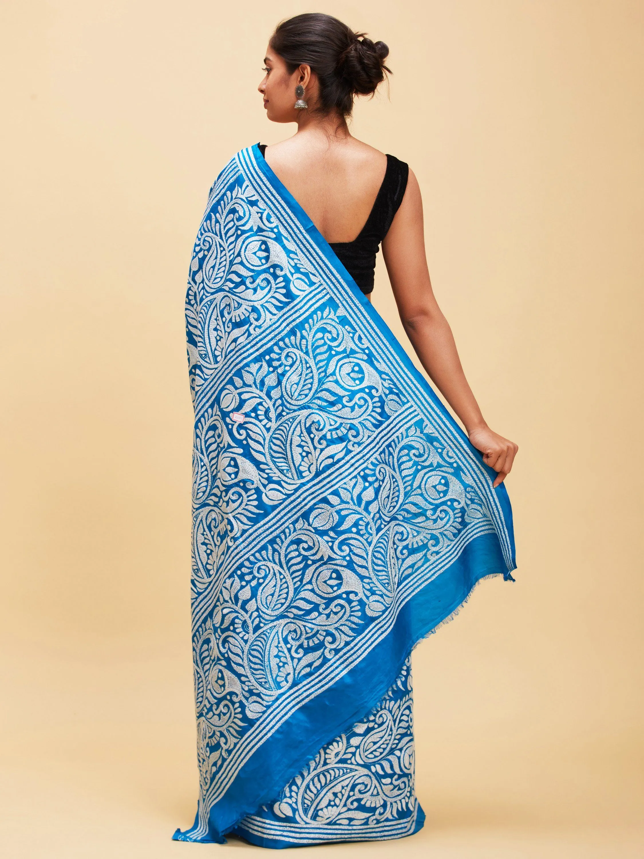 Azure Blue Kantha Stitch Saree