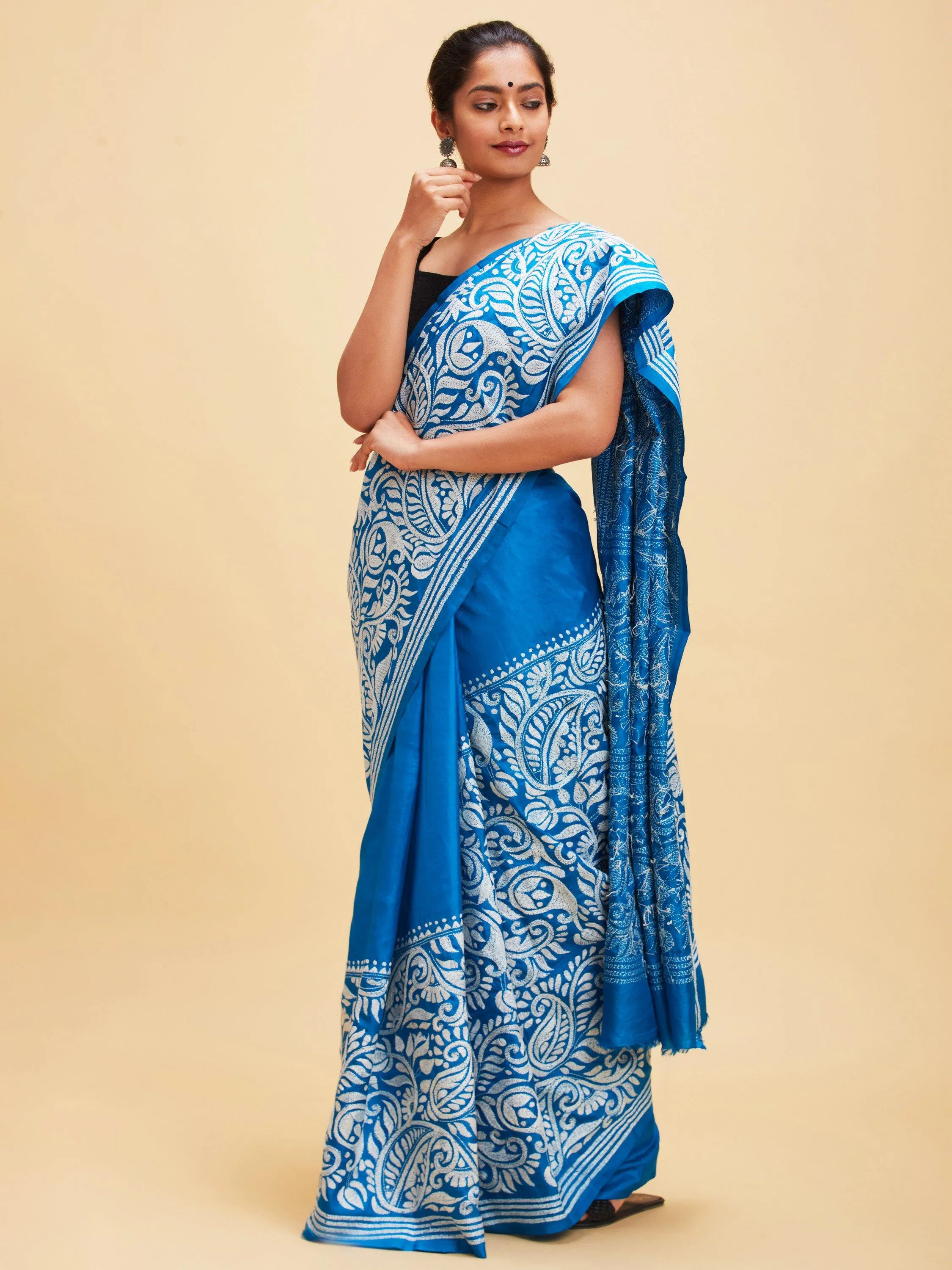 Azure Blue Kantha Stitch Saree