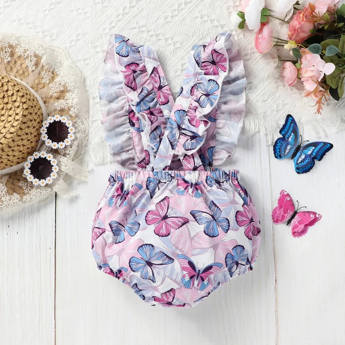 Baby Girls Butterfly Print Ruffled Onesie