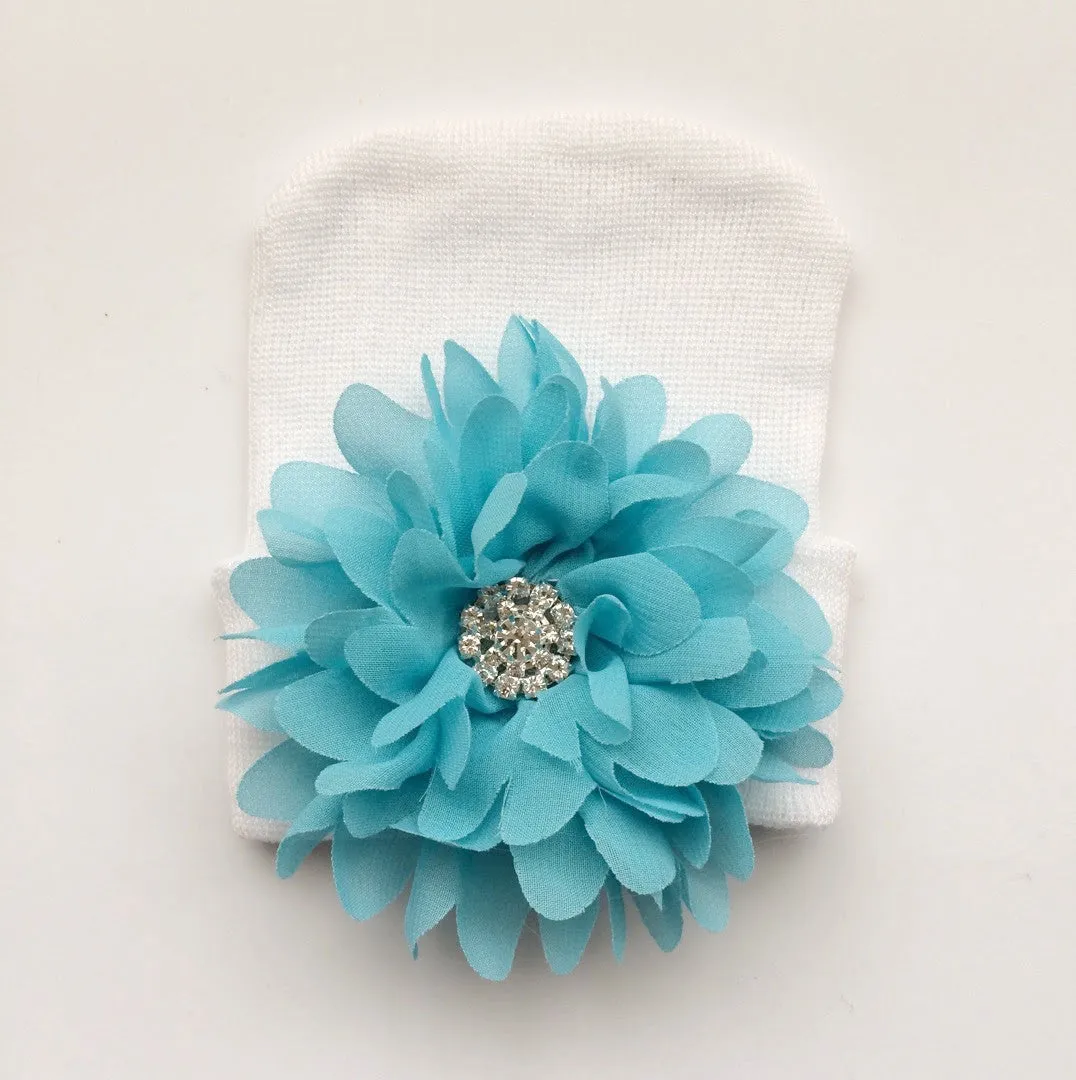 Baby Hospital Hat WHITE, pick your color flower!