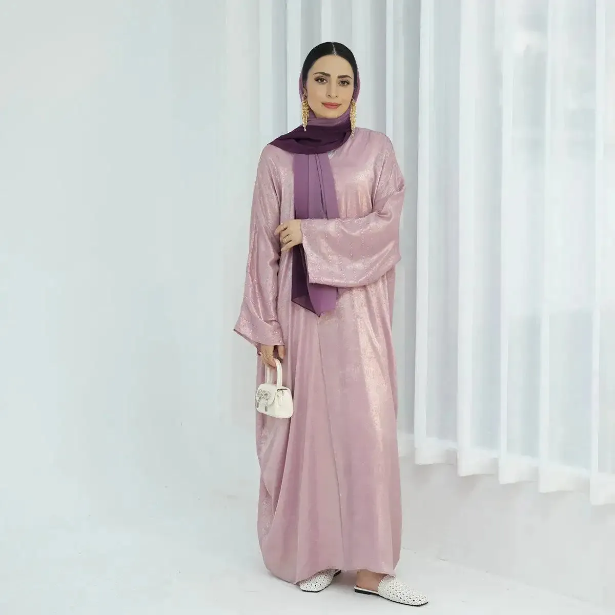 Beads Sleeve Shiny Cardigan Open Abaya Dress