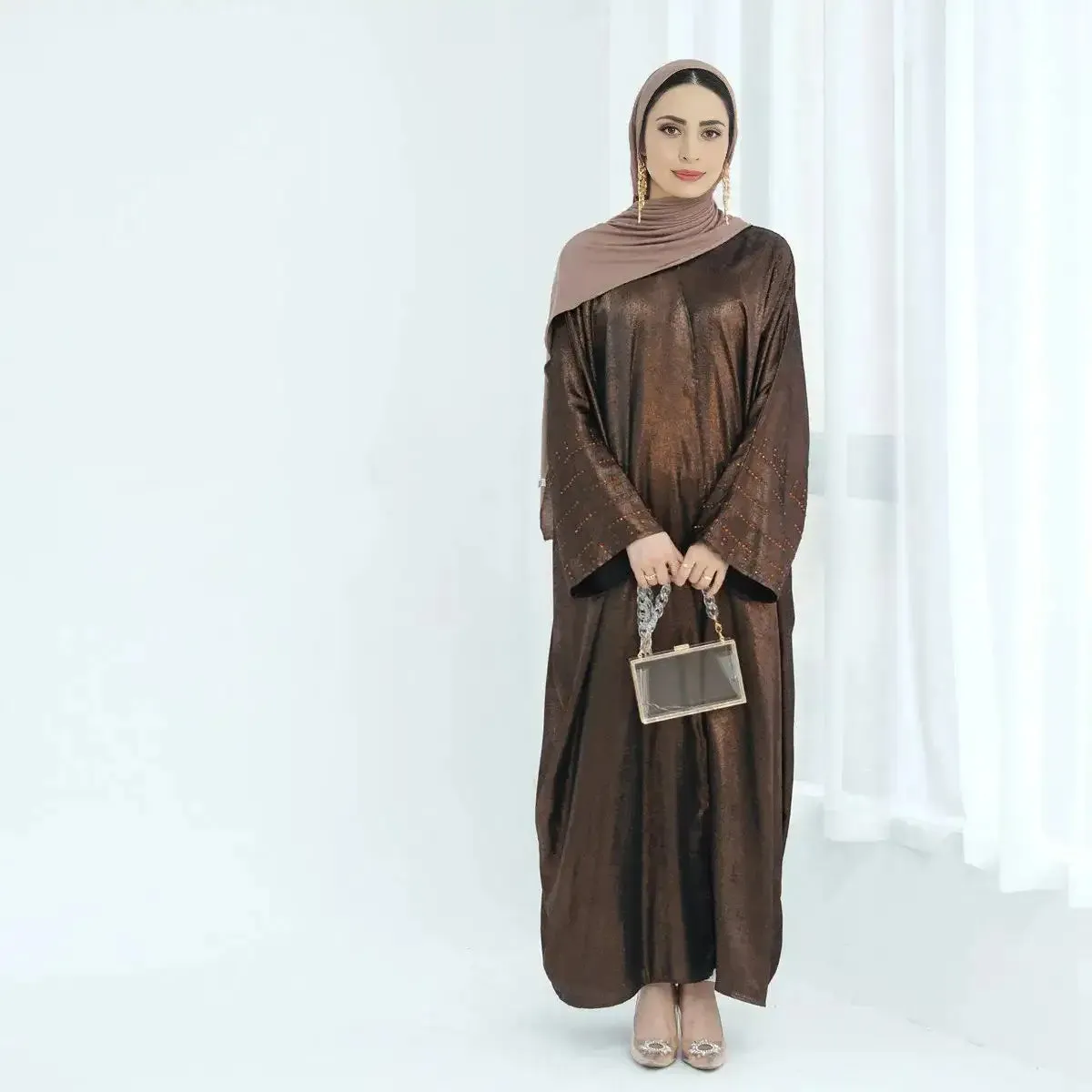 Beads Sleeve Shiny Cardigan Open Abaya Dress