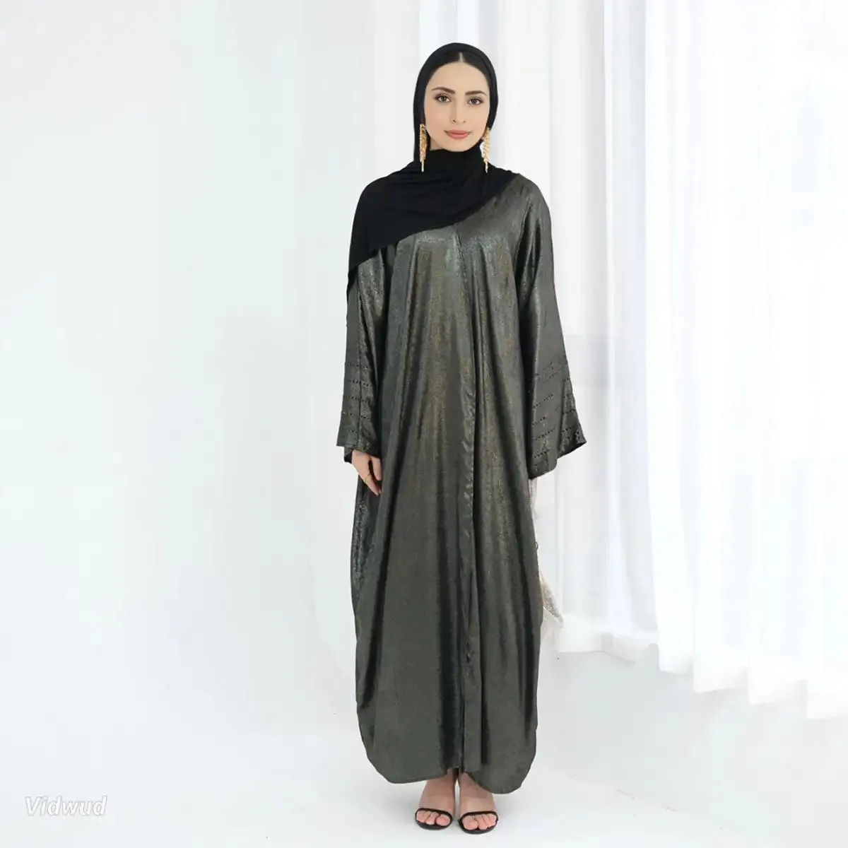 Beads Sleeve Shiny Cardigan Open Abaya Dress