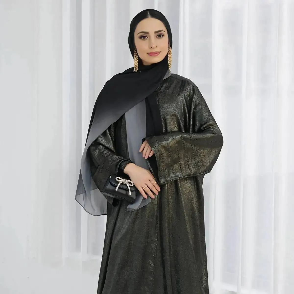 Beads Sleeve Shiny Cardigan Open Abaya Dress