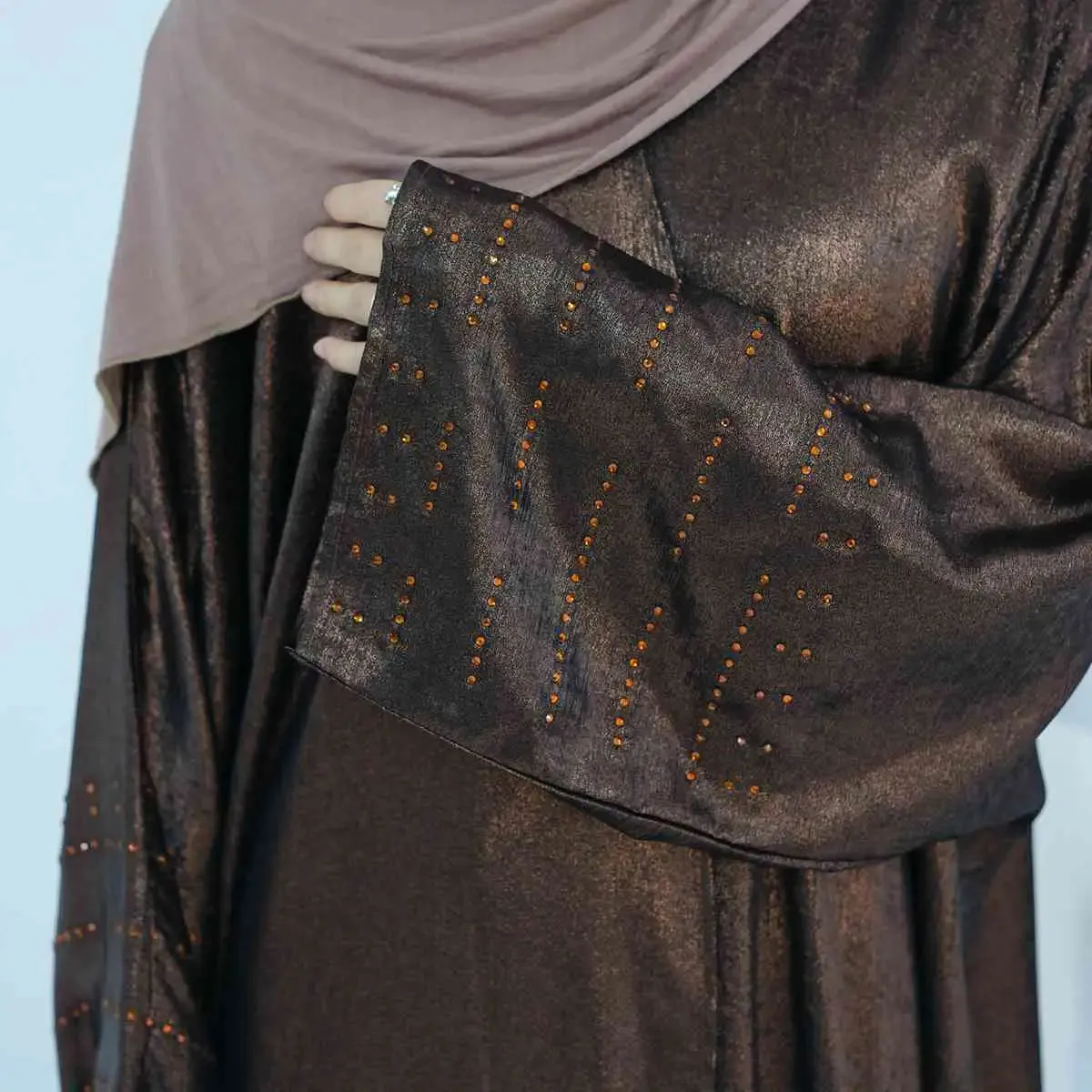 Beads Sleeve Shiny Cardigan Open Abaya Dress