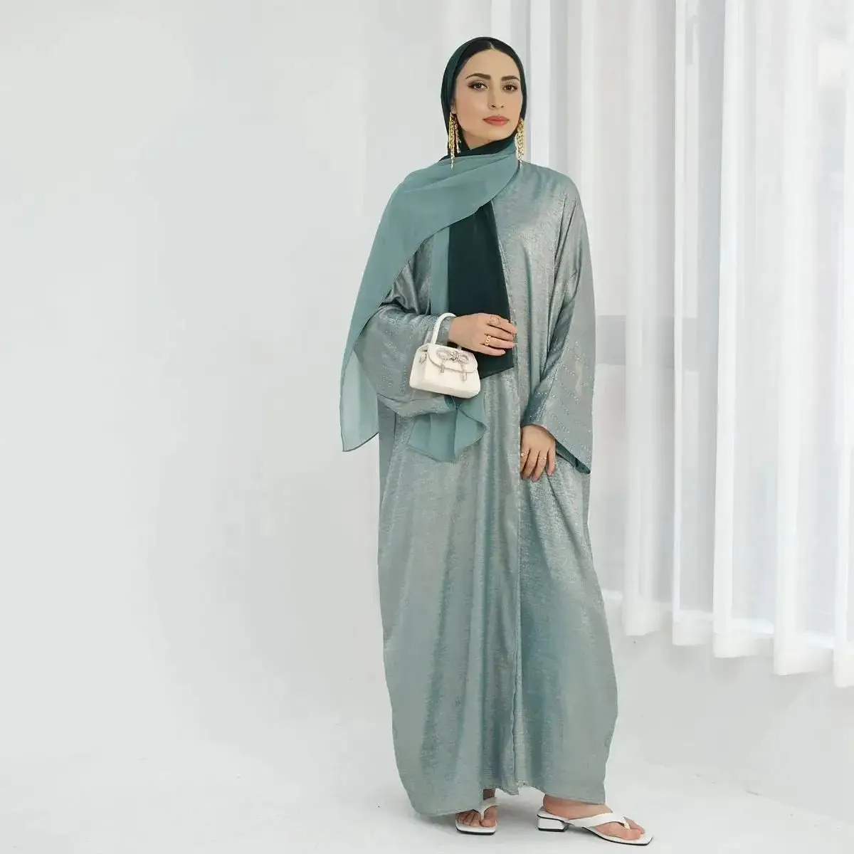 Beads Sleeve Shiny Cardigan Open Abaya Dress