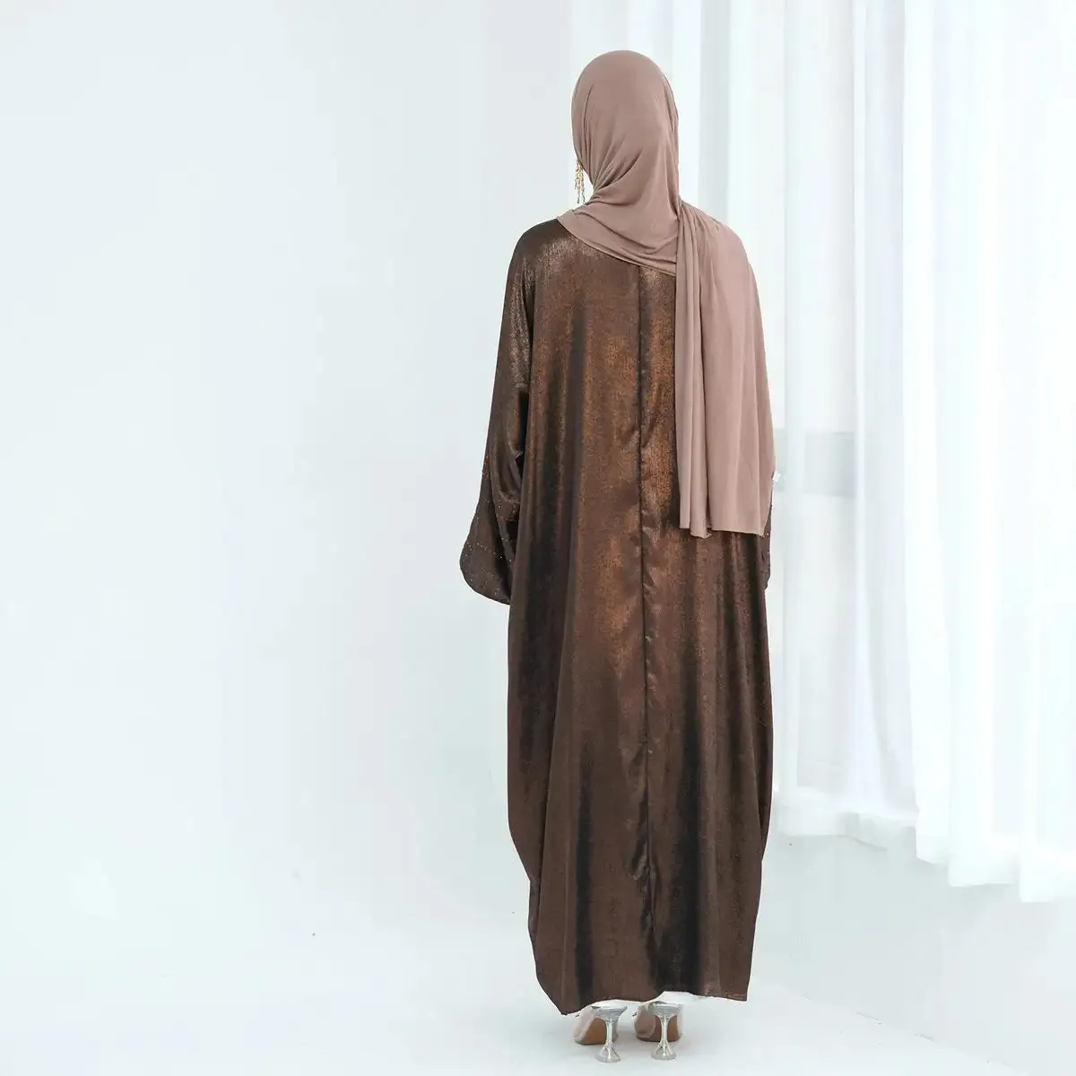 Beads Sleeve Shiny Cardigan Open Abaya Dress