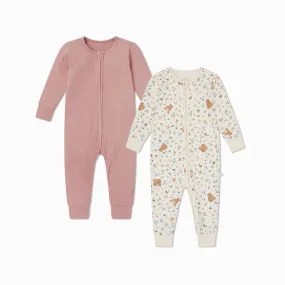 Bear Print & Ribbed Clever Zip Baby Pajamas 2 Pack