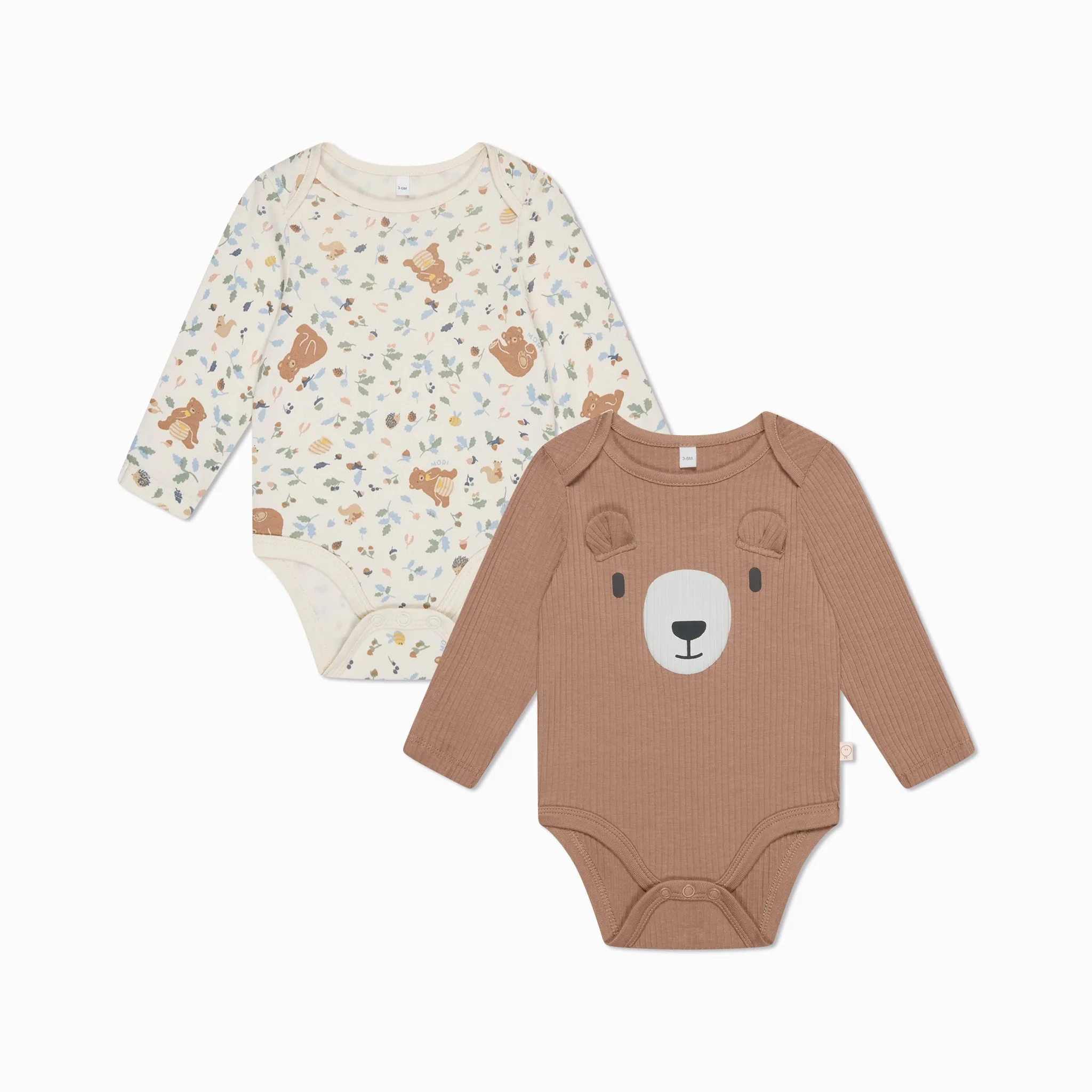 Bear Print & Ribbed Long Sleeve Bodysuit 2 Pack