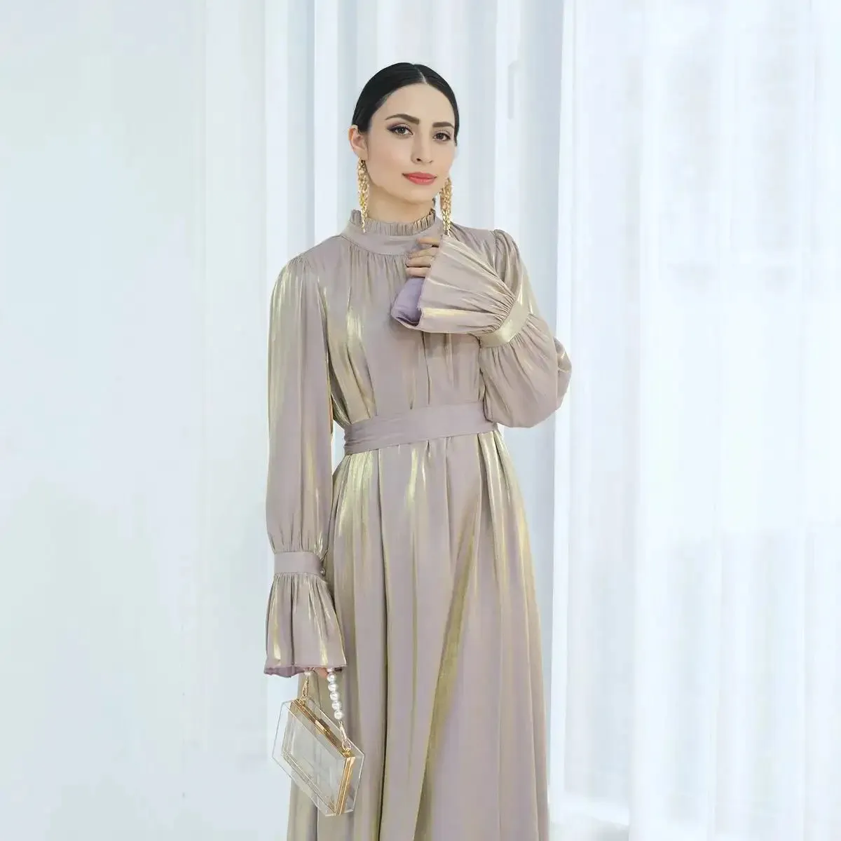 Bell Sleeve Gleam Shiny Abaya Dress