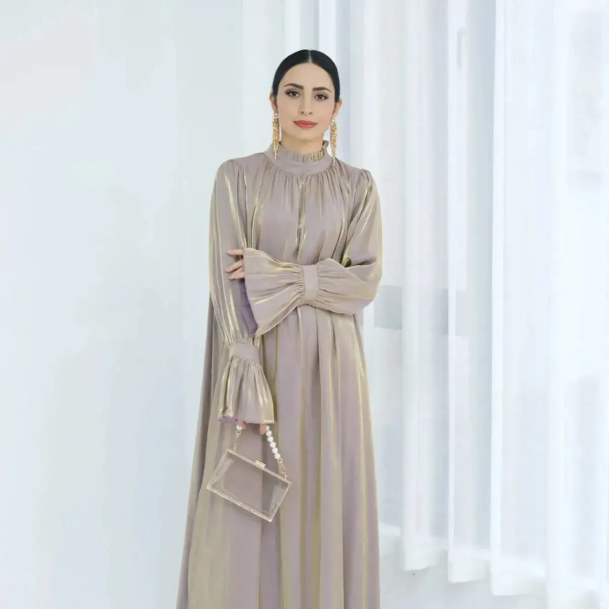 Bell Sleeve Gleam Shiny Abaya Dress