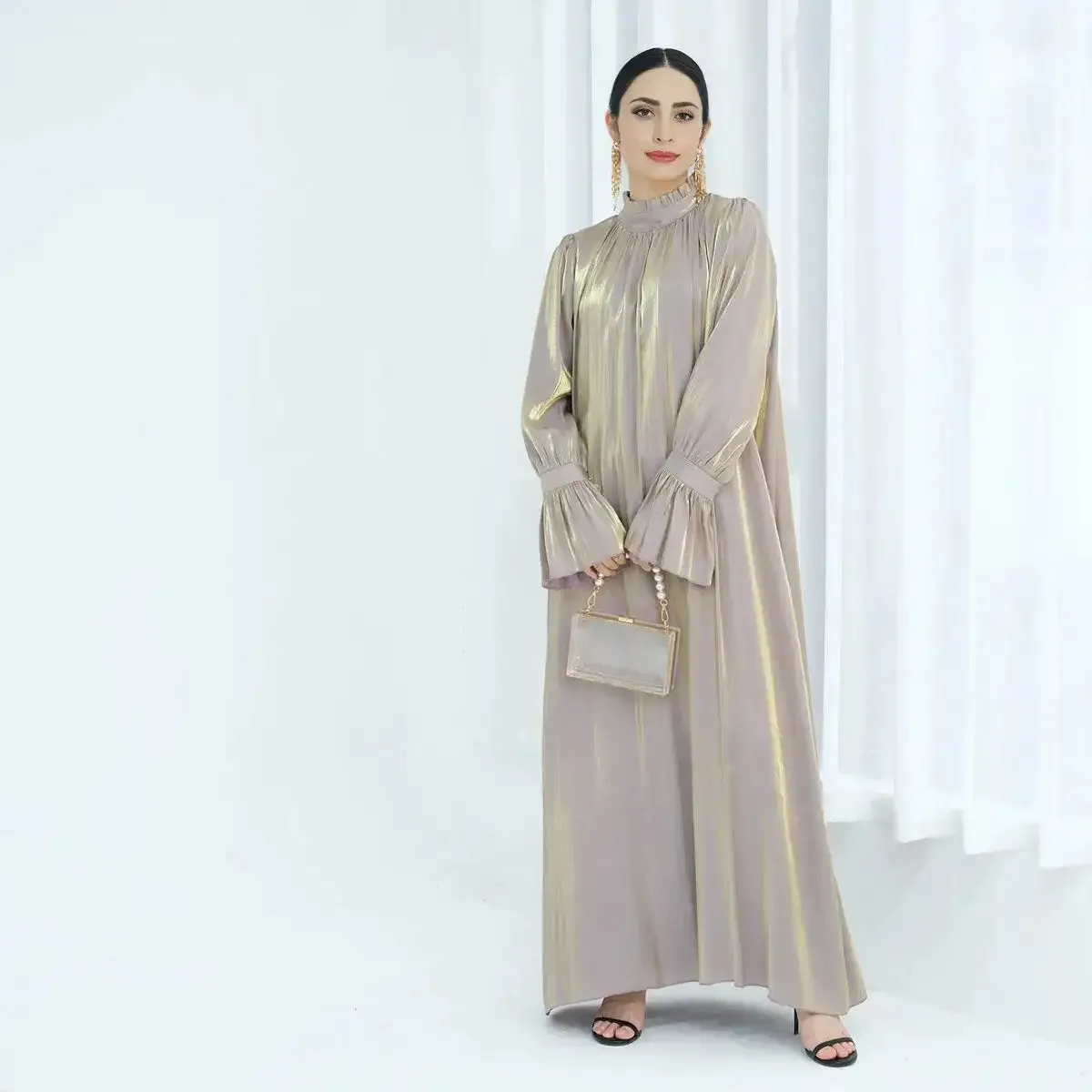 Bell Sleeve Gleam Shiny Abaya Dress