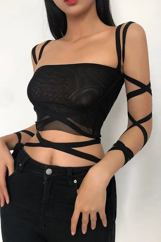 Black Mesh Lace Up Wrap Crop Top