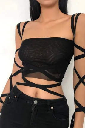 Black Mesh Lace Up Wrap Crop Top