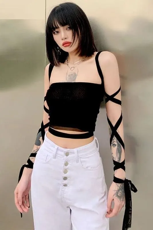 Black Mesh Lace Up Wrap Crop Top