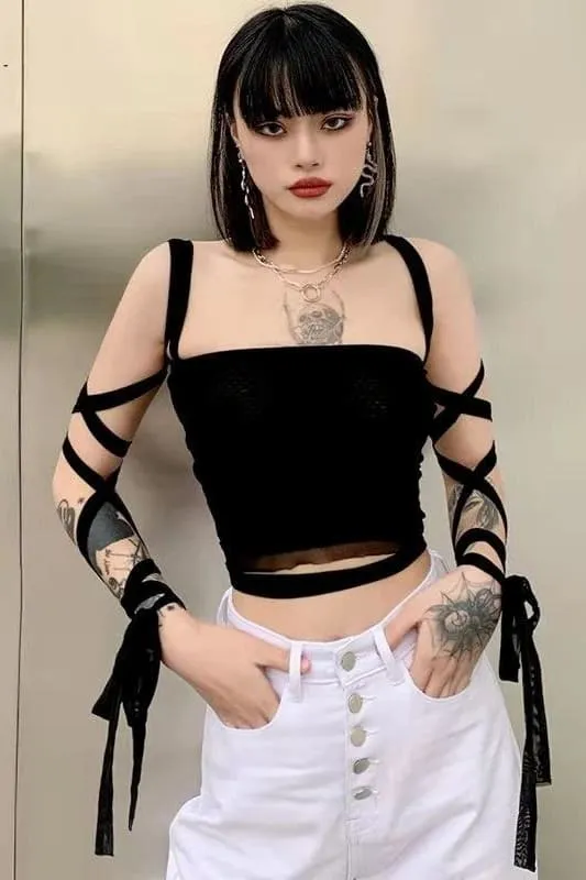 Black Mesh Lace Up Wrap Crop Top