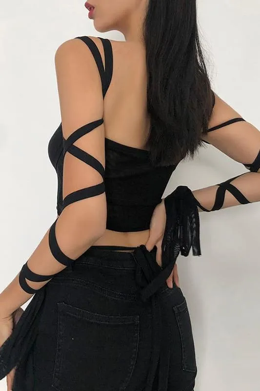 Black Mesh Lace Up Wrap Crop Top