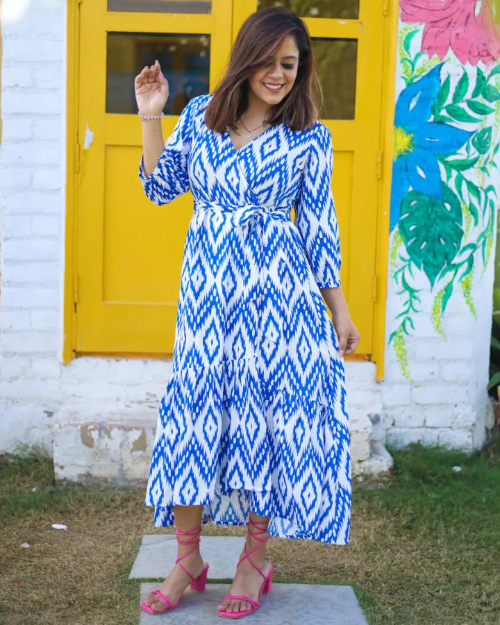 Blue & White Printed Wrap Dress