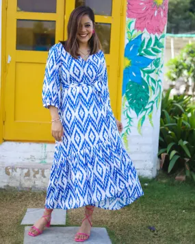 Blue & White Printed Wrap Dress