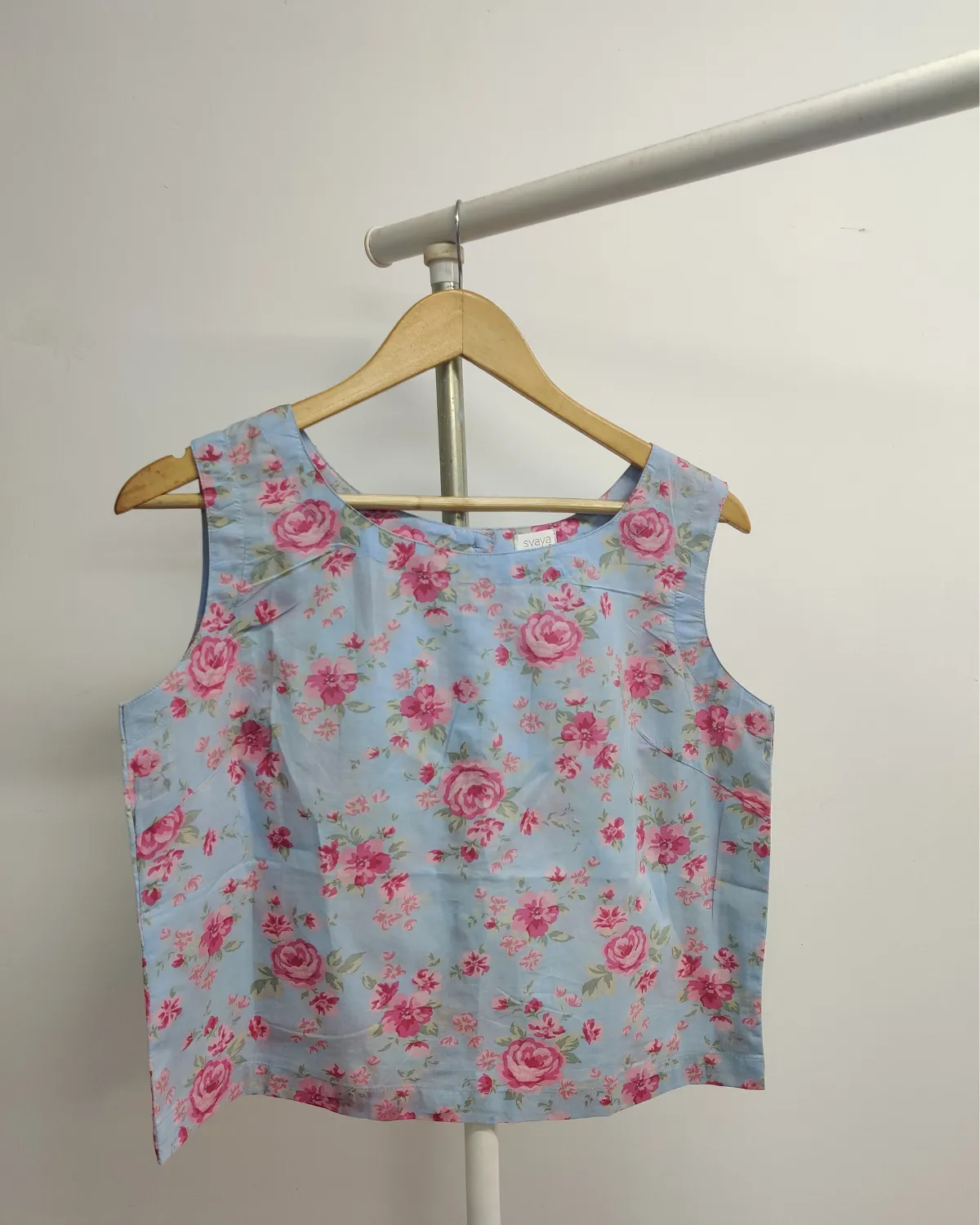 Blue Sleeveless Back Button Top