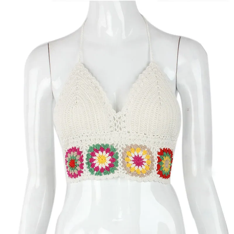 Boho Crochet Halter Top White With Hippie Granny Squares Coachella Festival Wear One Size Peace