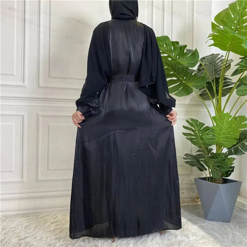 Bright Silk Feeling Satin Open Abaya Dress For Muslim Women