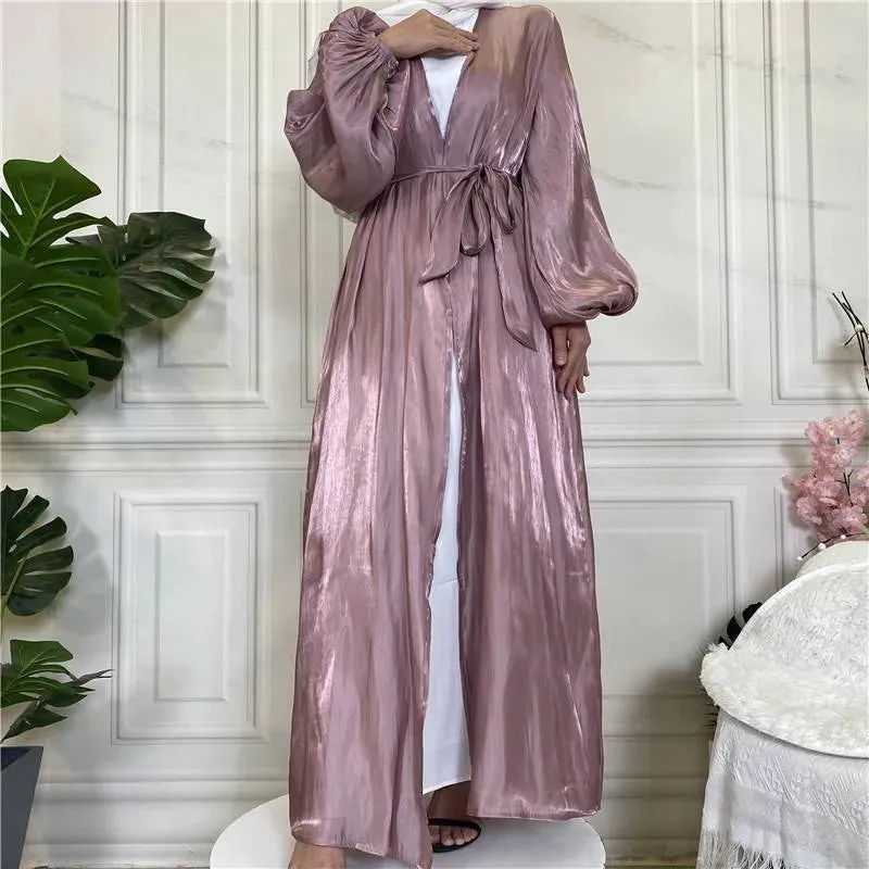 Bright Silk Feeling Satin Open Abaya Dress For Muslim Women