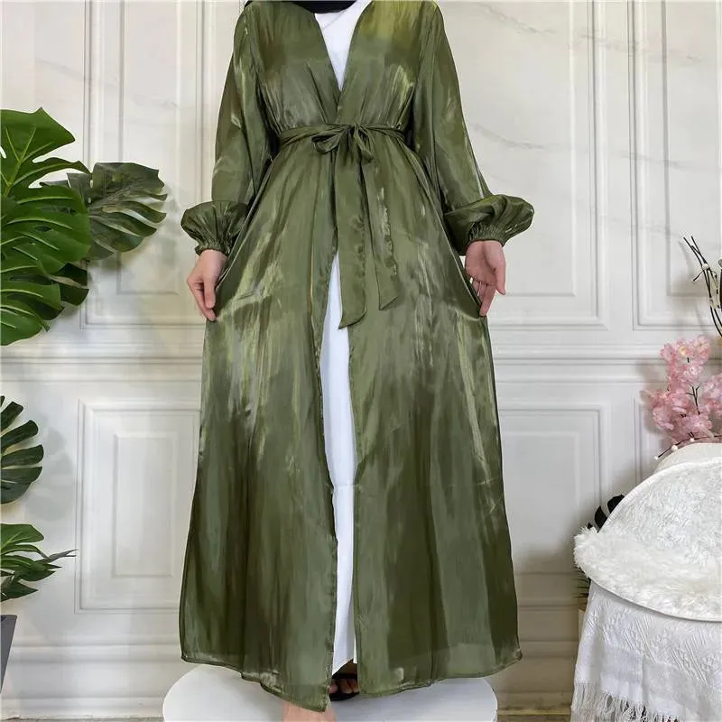 Bright Silk Feeling Satin Open Abaya Dress For Muslim Women