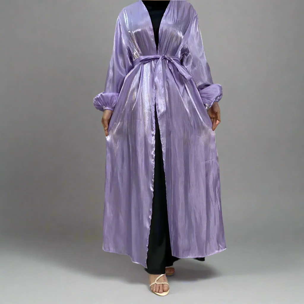 Bright Silk Feeling Satin Open Abaya Dress For Muslim Women