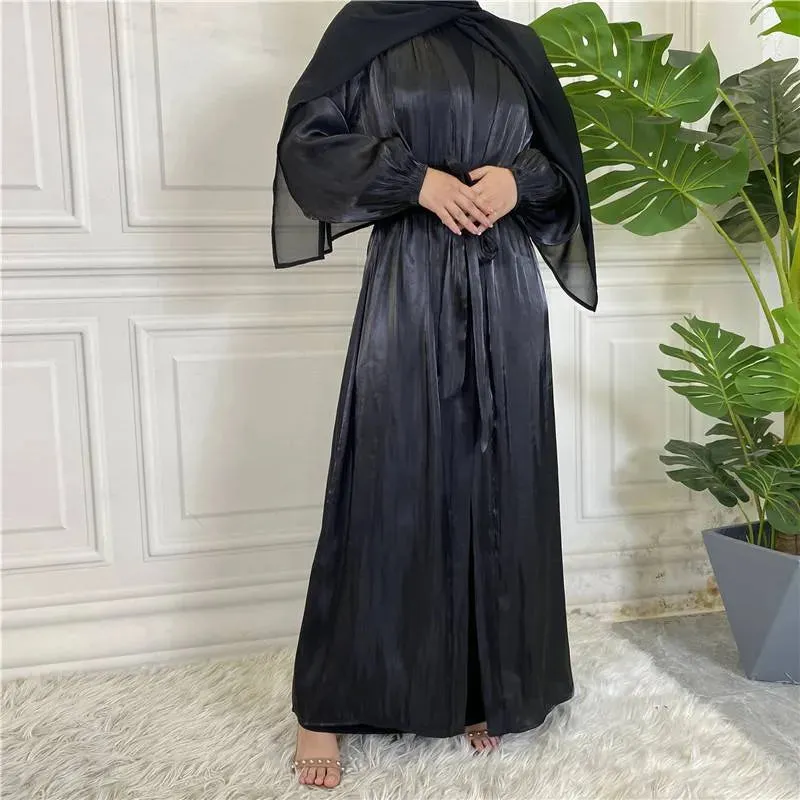 Bright Silk Feeling Satin Open Abaya Dress For Muslim Women