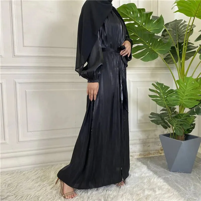 Bright Silk Feeling Satin Open Abaya Dress For Muslim Women