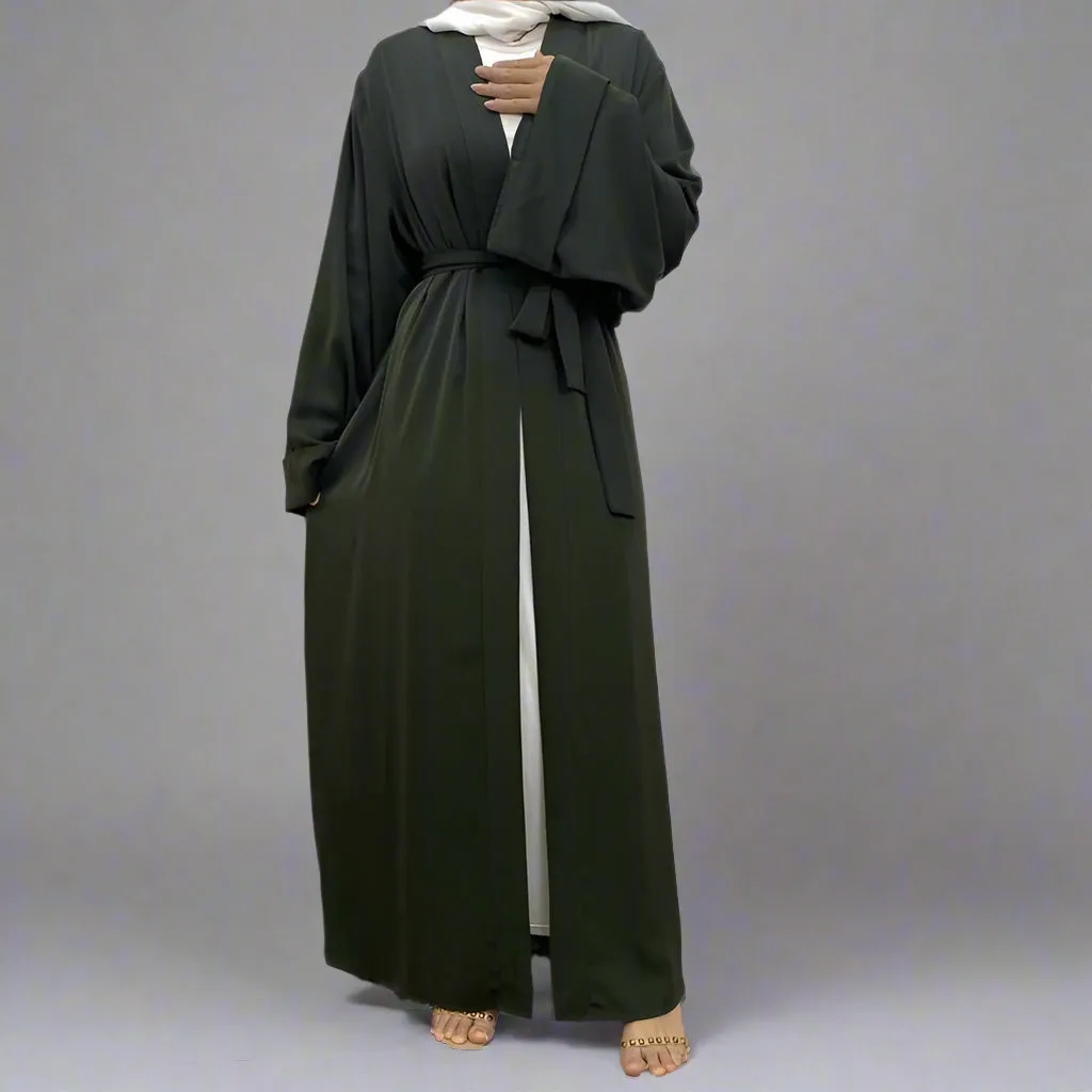 Broken Twil Fabric Muslim Women Open Abaya Dress With Pocket