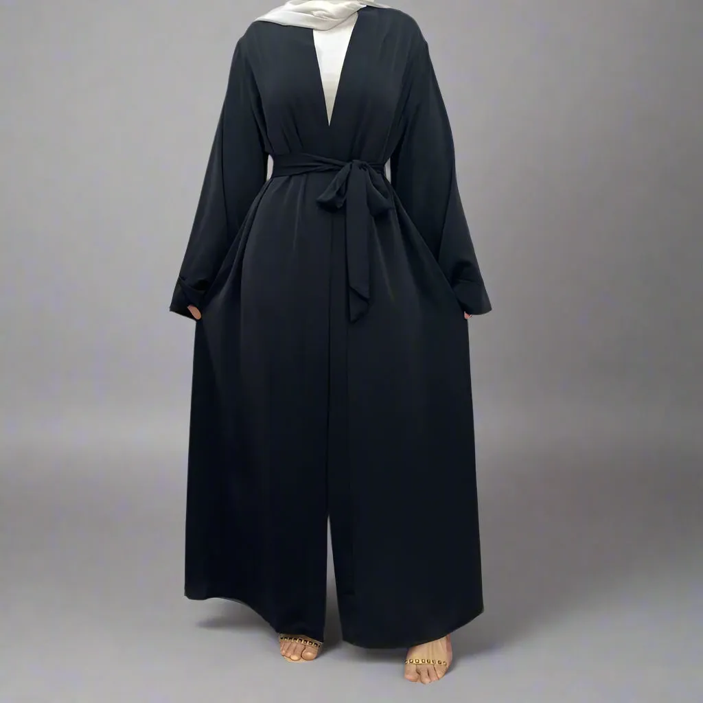 Broken Twil Fabric Muslim Women Open Abaya Dress With Pocket