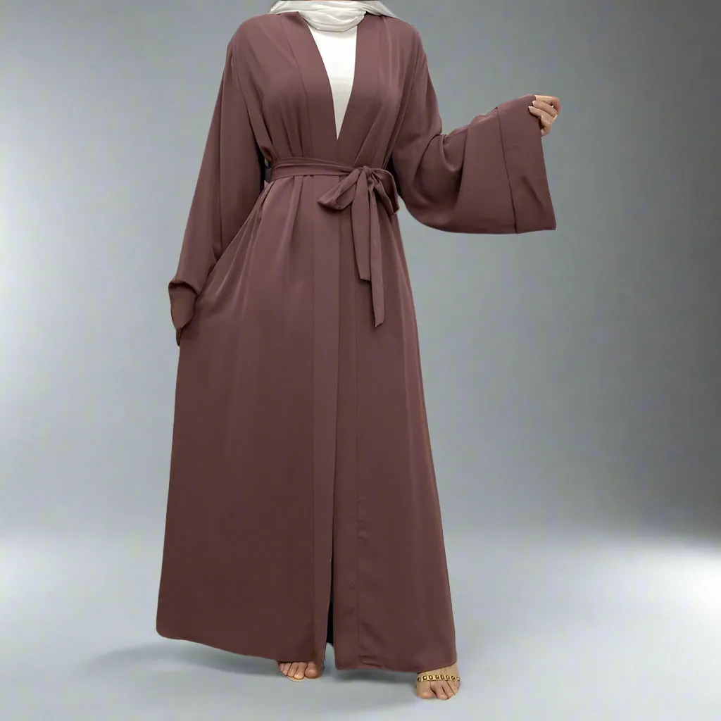 Broken Twil Fabric Muslim Women Open Abaya Dress With Pocket