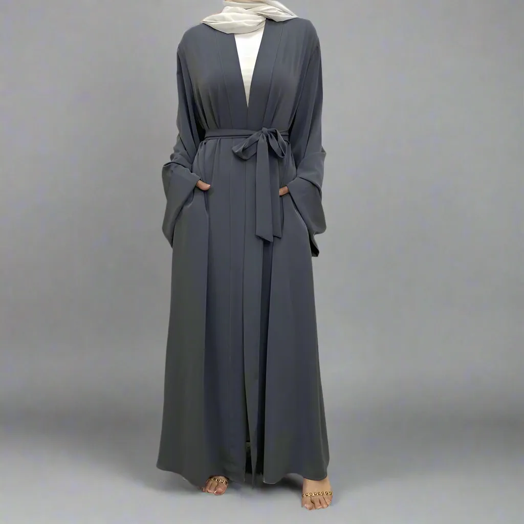 Broken Twil Fabric Muslim Women Open Abaya Dress With Pocket