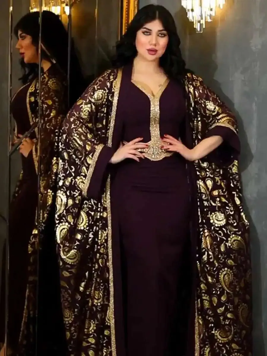 Bronzing Eid Dress 2 Pieces Set Muslim Women Caftan Kaftan Dress With Inner Sleeveless Dress