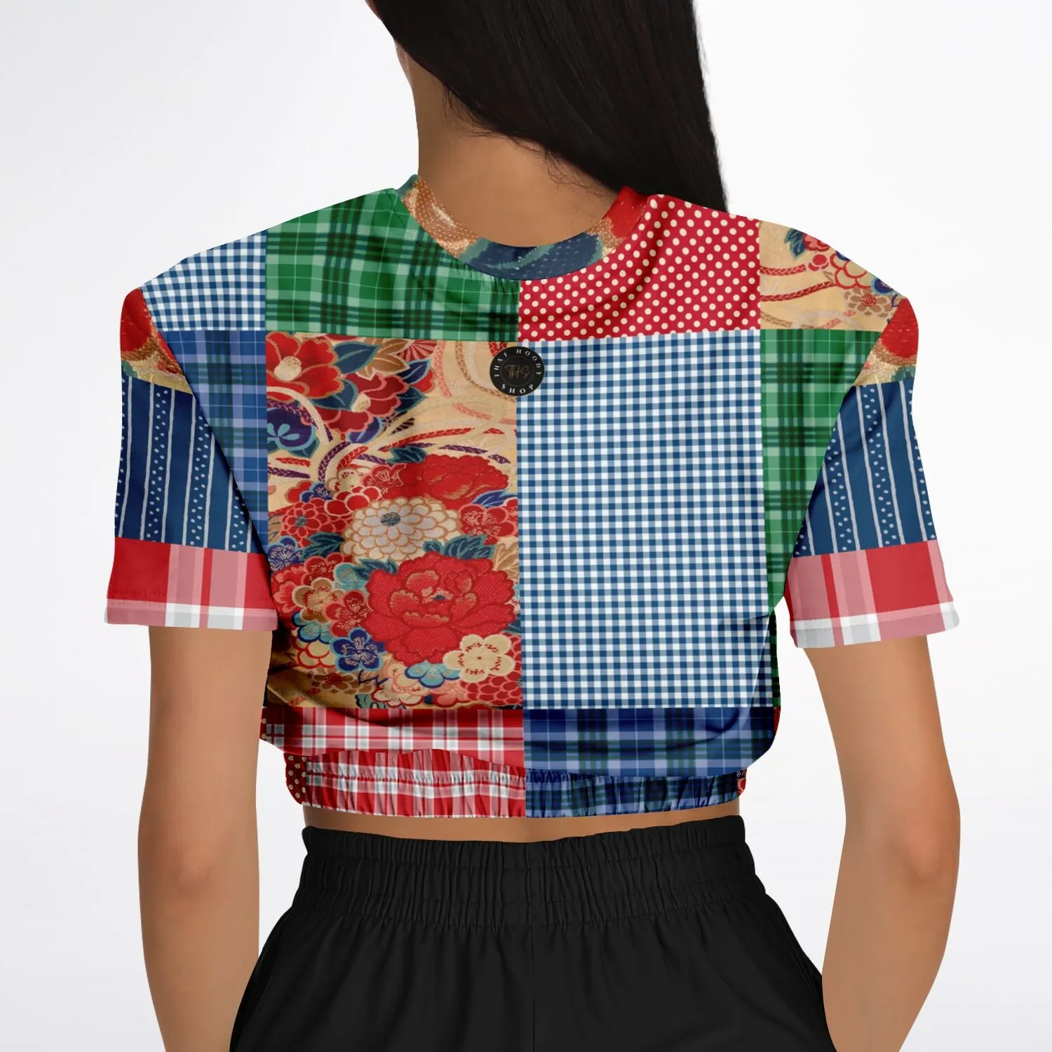 Busan Fleur Floral Plaid Patchwork Short Sleeve Cropped Eco-Poly Sweater