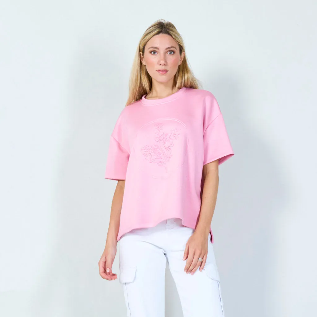 Casual embossed t-shirt with floral design wholesale