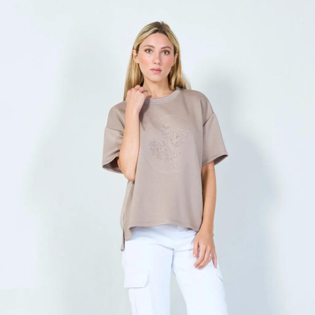 Casual embossed t-shirt with floral design wholesale